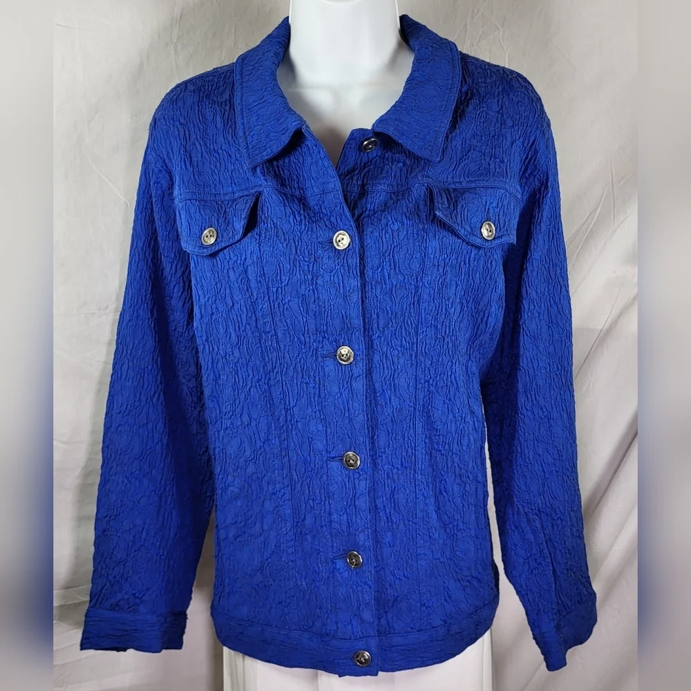 SCOTT TAYLOR Blue Brocade Jean Cut Jacket - Size 1X - Picture 1 of 4
